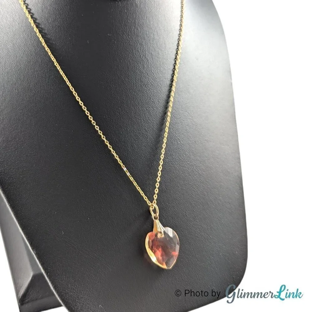 Vintage Translucent Red Faceted Heart Pendant Gold Tone Necklace